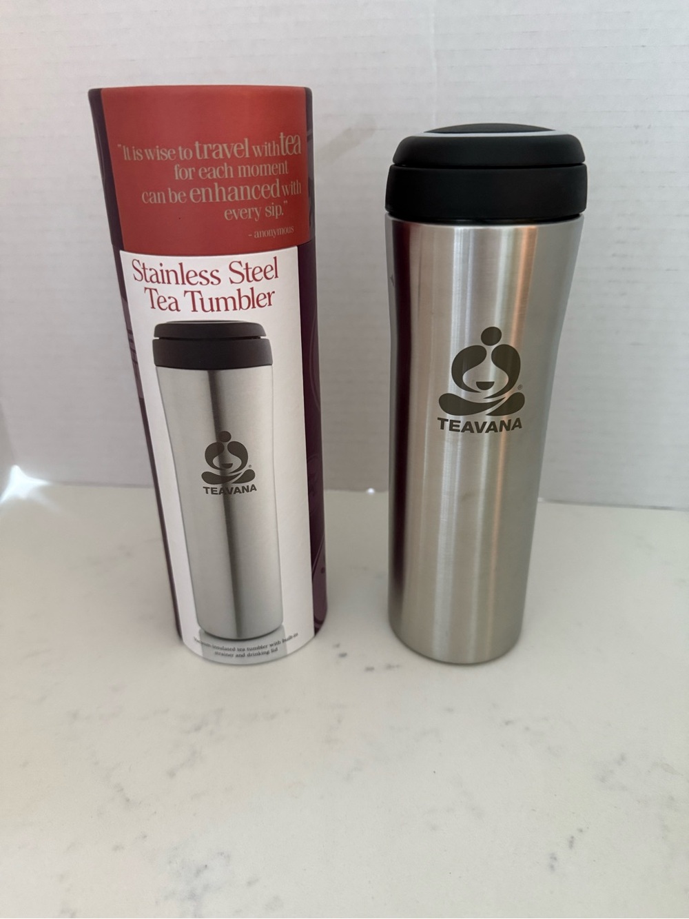 Teavana Silver and Black Vacuum-Insulated Tea Tumbler Stainless Steel